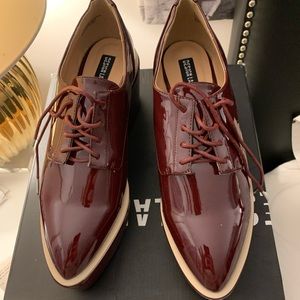 Burgundy platform patent leather oxfords